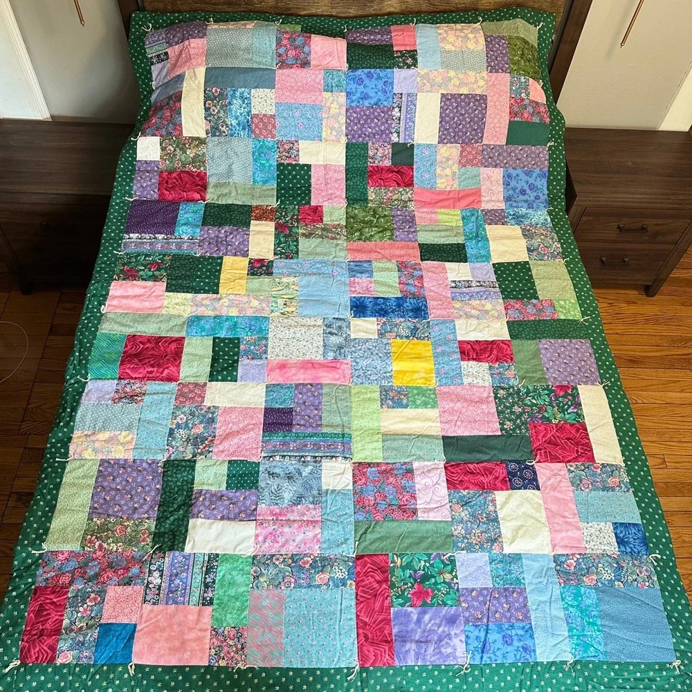 Handmade Patchwork Quilt Hand Tied Floral Multi Color Green Border Cottagecore